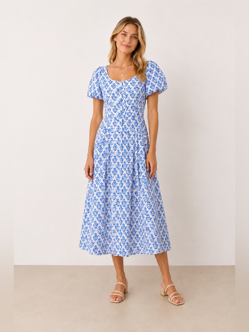 LaRoque Blue Floral Puff Sleeve Midi Dress US S